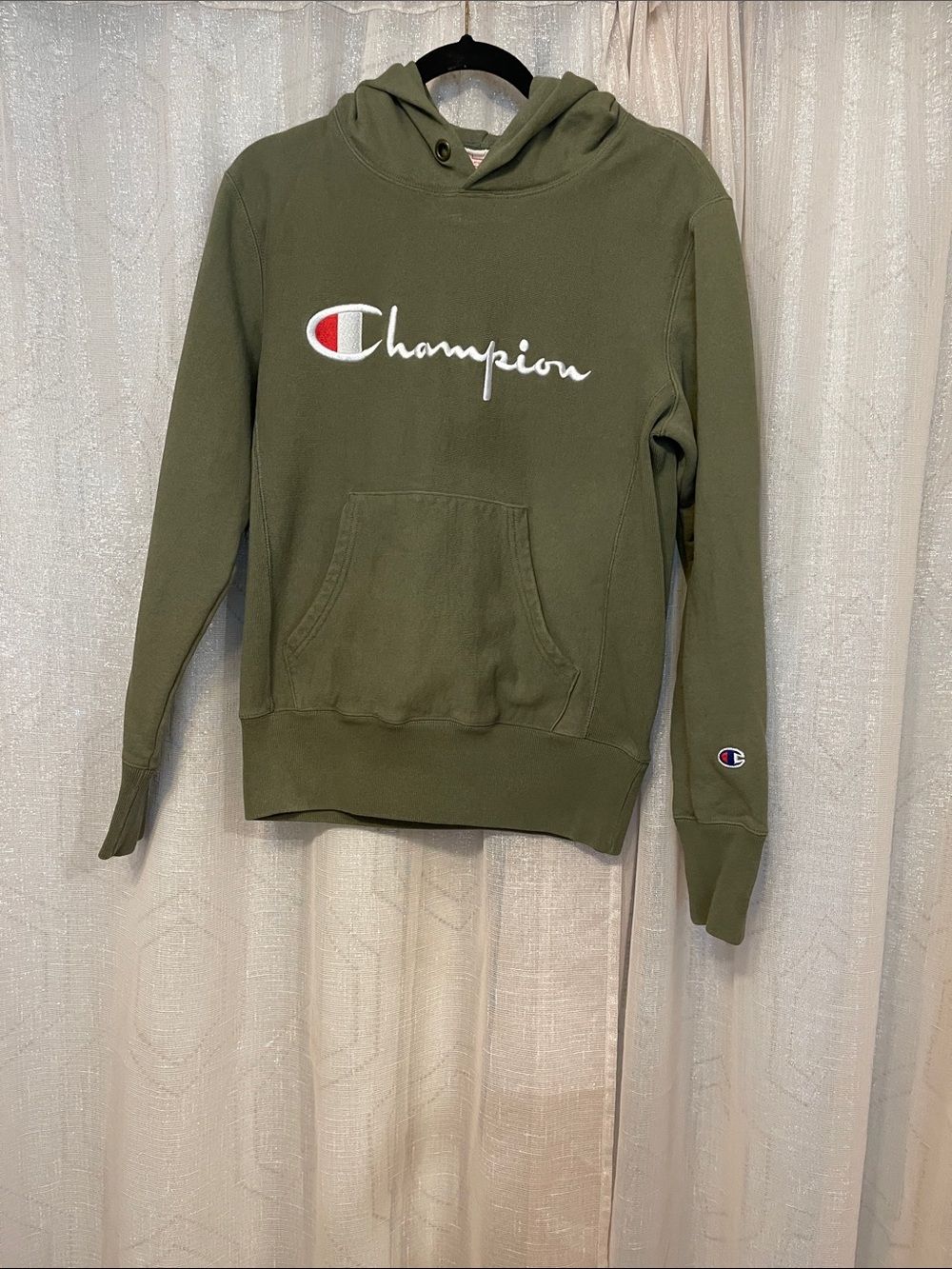 Champion Olive Green Script Logo Hoodie with Red & White Accent